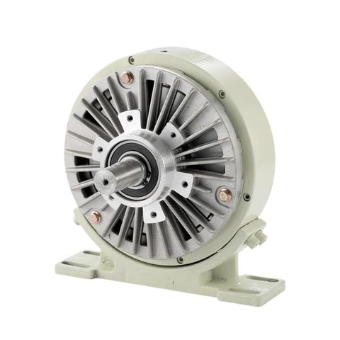 Front view of a beige magnetic powder clutch brake with mounting base and central shaft.