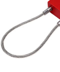 Close-up of Lockout Tagout Cable Lock with Quick One Way Locking showing red body and 5/32 inch steel cable for industrial safety