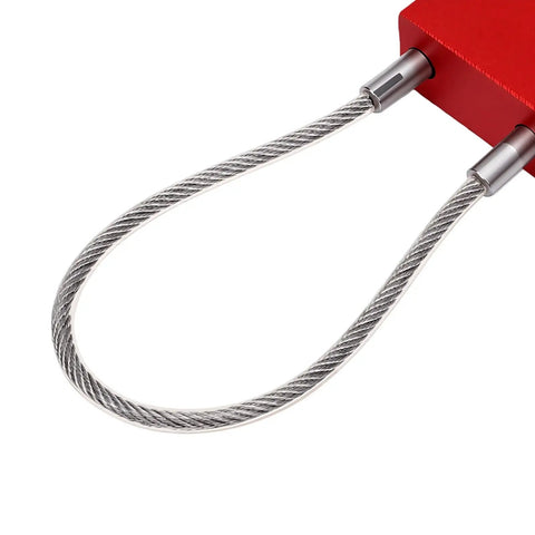 Close-up of Lockout Tagout Cable Lock with Quick One Way Locking showing red body and 5/32 inch steel cable for industrial safety