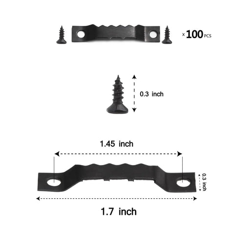 Top Shelf Heavy Duty Black Sawtooth Picture Hangers Supports 20 Lbs Rust Resistant Steel Wall Mount Hook Set 100 Pc Pack dimensions 1.45 x 1.7 inches