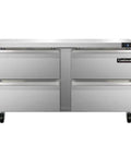 Real Deal Commercial Work Top Freezer With Four Deep Drawers, 60 Inch Wide Stainless Steel Flat Top Design, 17 Cubic Foot Storage Capacity, Straight Up Kitchen Staple That Cools Fast And Handles Back To Back Rushes Like A Pro, front view.