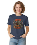 Retro Mechanical Engineer T Shirt With Vintage Gear Garage Emblem For Cool Builders, Diesel Mechanics And DIY Tinkerers Who Love Grease And Glory In The Shop, worn by a woman.
