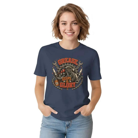 Retro Mechanical Engineer T Shirt With Vintage Gear Garage Emblem For Cool Builders, Diesel Mechanics And DIY Tinkerers Who Love Grease And Glory In The Shop, worn by a woman.