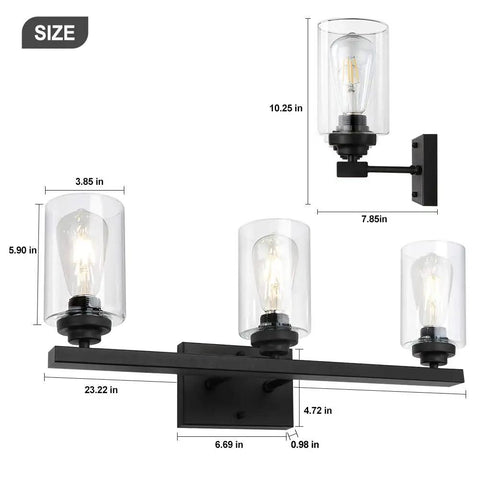 Industrial Matte Black 3 Light Bathroom Vanity Sconce Set Dope Modern Wall Lighting For Bathroom Bedroom Hallway Kitchen With Clear Glass Shades Durable Steel Fixture Easy Install, showing dimensions and clear glass shades.