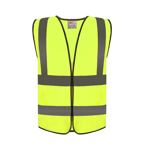 Front view of Must Have High Visibility Reflective Safety Vest 10 Pack Neon Yellow Gear, adjustable, lightweight mesh with reflective strips.