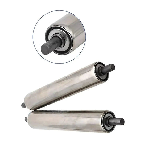 Heavy Duty Galvanized And 201 Stainless Steel Conveyor Roller For Shop Or Warehouse, showcasing smooth surface and axle design.