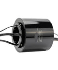 Built Tough 80mm Bore Conductive Slip Ring Plug And Play Installation For Machine Tool Turntables And Radar Antennas Handles 24 Circuits At 5 Amps Smooth Servo Rotation, black cylindrical body with wires.