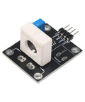 Dead Simple Hall Effect Current Sensor Module With 100A Rating showing a black PCB with a white current sensor and adjustable resistor.