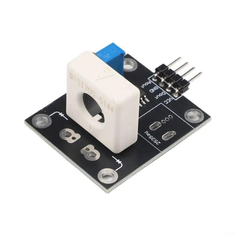 Dead Simple Hall Effect Current Sensor Module With 100A Rating showing a black PCB with a white current sensor and adjustable resistor.