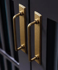 Two Pack 5 Inch Center To Center Antique Brass Cabinet Bar Pulls With Backplates installed on dark cabinet doors