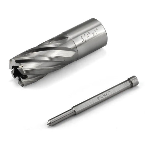 No Nonsense HSS Annular Cutter 3/4 Inch Cut Dia With 3/4 Weldon Shank and pilot pin, designed for precision metal work.