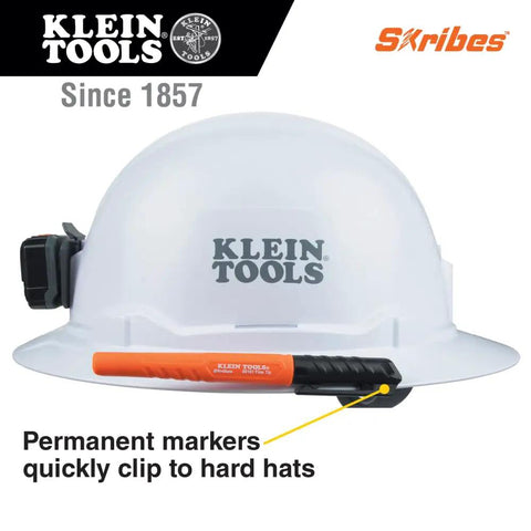 Skribes Fine Tip Permanent Marker 12 Pack For Worksite And Multi Surface Use clipped to a hard hat for easy access on job sites.