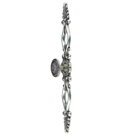 Side view of Vintage Sunflower Cabinet Knob With Back Plate Antique Silver And Black Old School Retro Furniture Hardware