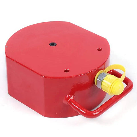 Heavy Duty Kickass 100 Ton Low Profile Hydraulic Jack Ripping Through Rock Solid Steel Frame Smooth Lifting Action Chrome Plated Piston 16mm Stroke Yellow Workhorse For Cramped Garages