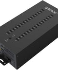 Badass Industrial Grade 30 Port Usb Hub Featuring 300W Power Brick And Smart Charging Station mounted at an angle showing USB ports.