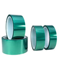 Green PET High Temperature Tape For PCB Soldering And SMT Shielding Heat Resistant Up To 100 Degrees Celsius shown in multiple widths.