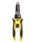 Heavy-Duty Carbon Steel Wire Stripper With Secure Non Slip Grip Electrician Crimping Pliers, front view with yellow and black handles.