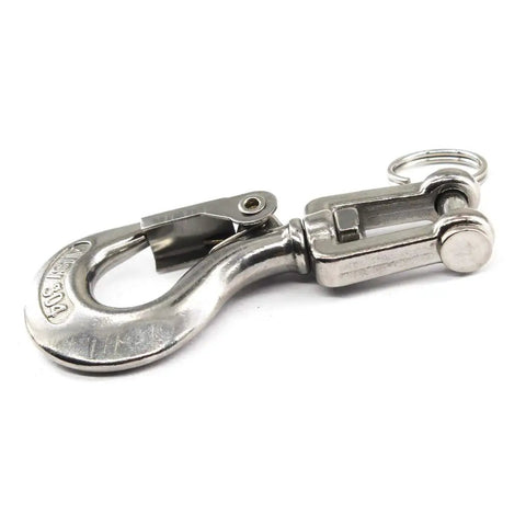 304 Stainless Steel Swivel Eye Lifting Hook With Safety Latch And Smooth 360 Spin Rust Proof Rigging Gear rated for 650 Kg loads.