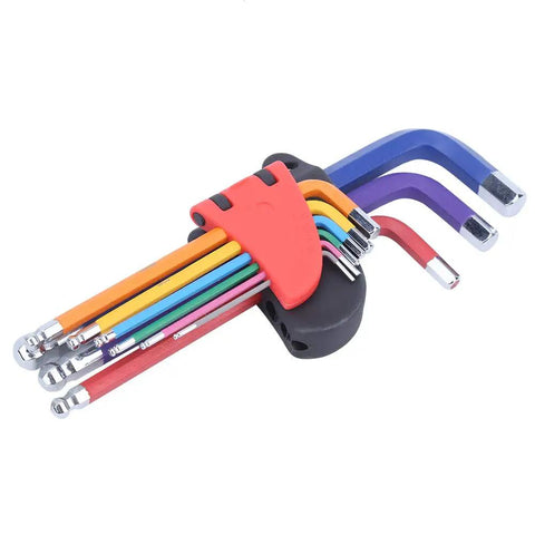 9 Piece Chrome Steel Hex Socket Wrench Set Color Coded CRV, displaying various hex wrenches in a holder for easy use.