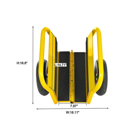 Built Like A Tank Heavy Duty Drywall Door Dolly With Snappy Auto Clamp And Smooth Rolling Ten Inch Solid Rubber Wheels Premium Steel Sheet Carrier showing dimensions from a top view.