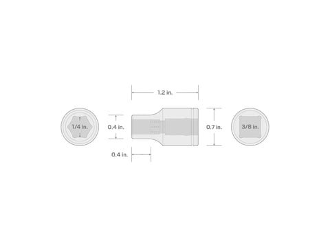 Diagram of Built Tough Magnetic Hex Bit Holder Socket For Three Eighths Inch Drive And Quarter Inch Hex Bits with measurements