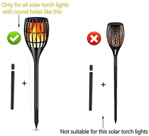 Comparative image of solar torch lights with Pole Extension And Joint Kit For Solar Flame Torches Make Tiki Torches Taller