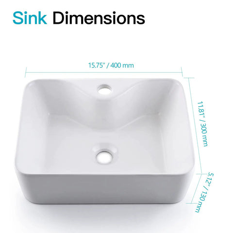 White Rectangle Ceramic Vessel Sink With Faucet And Pop Up Drain Vanity Bathroom Basin Combo Set dimensions 15.75x11.81x5.12 in
