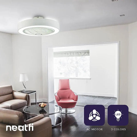 Bladeless Flush Mounted Ceiling Fan With Light And Remote Control Cool 3 Speed Settings Three Adjustable LED Color Modes Enclosed Low Profile Modern Ceiling Fan For Bedroom And Living Room White
