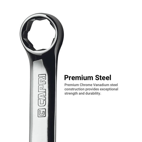 WaveDrive Pro 20-Piece Stubby Combination Wrench Set For Metric And SAE Bolts, Ultra Grip Open And Box Ends, close-up steel design