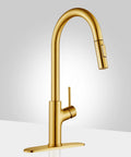Top Shelf Brushed Titanium Gold Kitchen Faucet With Pull Down Magnetic Docking Sprayer in stainless steel, side view.