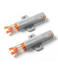 Push Latch for Handle Free Cabinet Doors With Spring Loaded Rebound Mechanism PP Plastic Construction, gray and orange, top view