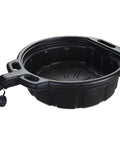 Oil Drain Pan 4.25 Gallon Heavy Duty HDPE Built Tough for Auto Shops, showing black design with anti-splash baffles and big spout.