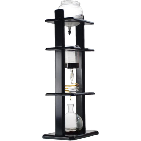 Premium Handmade Glass And Wooden Cold Brew Coffee Maker With Adjustable Copper Drip Valve And Large One Liter Ice Drip Tower displayed on a black wooden stand.
