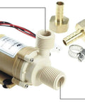 Go To 12V Solar Hot Water Circulation Pump Low Noise Brushless DC Motor Two Point One GPM Flow Nine Point Eight Feet Head Half Inch Male Thread Non Self Priming For RVs Cabins Solar Heating Systems with brass coupler and hose clamps