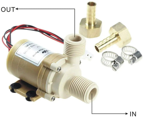Go To 12V Solar Hot Water Circulation Pump Low Noise Brushless DC Motor Two Point One GPM Flow Nine Point Eight Feet Head Half Inch Male Thread Non Self Priming For RVs Cabins Solar Heating Systems with brass coupler and hose clamps