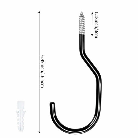 Side view of a black steel hook with screw end, measuring 6.49 inches by 1.18 inches, from 10 Pack Garage Bike Hooks, Heavy Duty Wall Mount And Ceiling Hooks For Vertical Bike Storage, Hang Up To 4 Bikes, Free Up Floor Space, Durable Steel, Easy Install, Perfect For Tools And Gear.