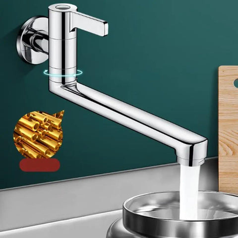 Shophubio Wall Mounted Kitchen Faucet Single Handle Cold Water Only Extended Spout 304 Stainless Steel Rotatable Sink Tap for Utility Mop Pool Silver Finish(25cm) with spout pouring water.