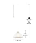 Dead Center Style Plug And Play Pendant With Brushed Steel Finish Frosted White Shade And A No Sweat 15 Foot Clear Cord With Inline Switch, dimensions 11 inches wide, 8.5 inches high.