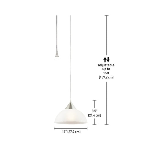 Dead Center Style Plug And Play Pendant With Brushed Steel Finish Frosted White Shade And A No Sweat 15 Foot Clear Cord With Inline Switch, dimensions 11 inches wide, 8.5 inches high.