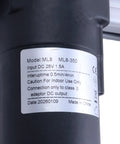 Close-up of label on Mulin Compatible Electric Linear Actuator Motor ML8-350; specifications include 28V DC, 1.5A output, and indoor use caution.