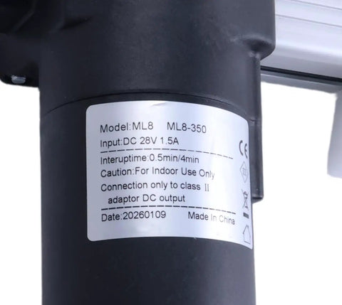 Close-up of label on Mulin Compatible Electric Linear Actuator Motor ML8-350; specifications include 28V DC, 1.5A output, and indoor use caution.