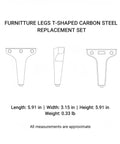 Diagram of Replacement T Shaped Carbon Steel Furniture Legs Set with dimensions for sofa, cabinet, table frames, 4 pack