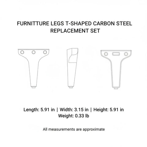 Diagram of Replacement T Shaped Carbon Steel Furniture Legs Set with dimensions for sofa, cabinet, table frames, 4 pack