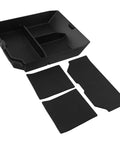 Straight Up Rugged Black Abs Center Console Storage Tray For Tesla Cybertruck 2024 with dividers and floor mats included.