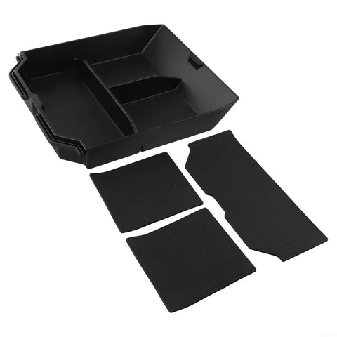 Straight Up Rugged Black Abs Center Console Storage Tray For Tesla Cybertruck 2024 with dividers and floor mats included.
