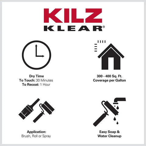 Klear Primer For Interior And Exterior Use Clear Bonding Sealer instructions showing application, coverage, and dry time.