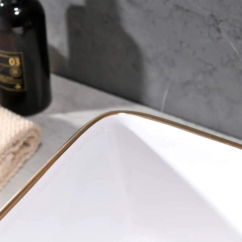 Corner view of Modern White Vessel Sink For Bathroom Rectangular Porcelain Wash Basin 19x15 Inch Ceramic Lavatory Vanity Cabinet