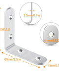 Close-up of Heavy Duty 20 Pack 2.5 By 2.5 Inch Stainless Steel Corner Braces L Shaped Brackets dimensions and screw hole size.