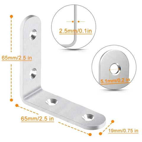 Close-up of Heavy Duty 20 Pack 2.5 By 2.5 Inch Stainless Steel Corner Braces L Shaped Brackets dimensions and screw hole size.