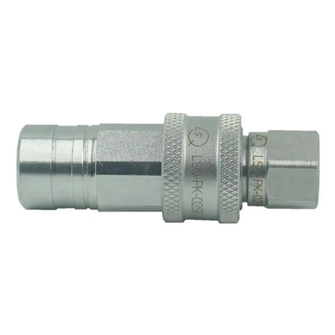 Side view of Go-To 1/4 Inch NPT Ag ISO 5675 Poppet Hydraulic Quick Connect Coupler with steel body and knurled grip.